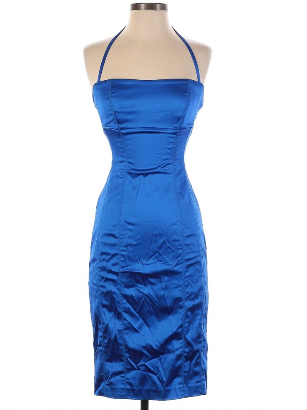 Bebe Royal Blue Satin Ruched Bodycon Midi Dress
